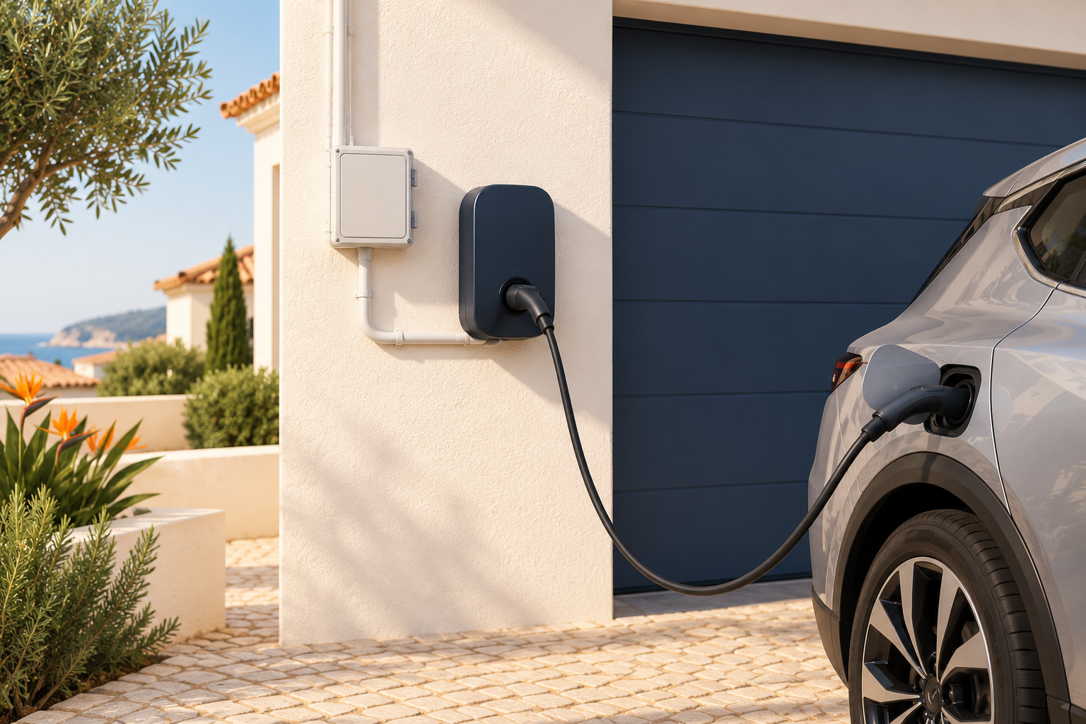 Illustration of an electric car connected to a home charging point